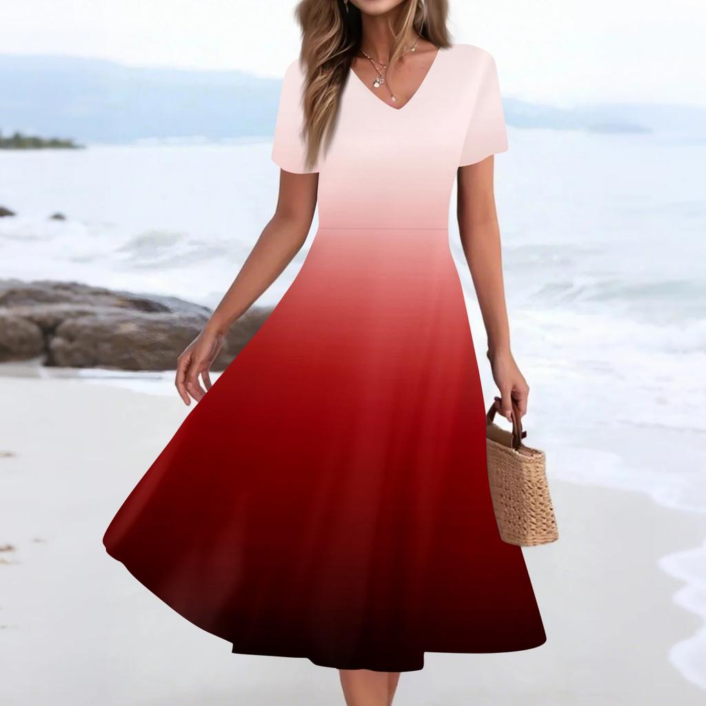 Women's Summer Casual Fashion Print Pocket Short Sleeve V-Neck Swing Dress