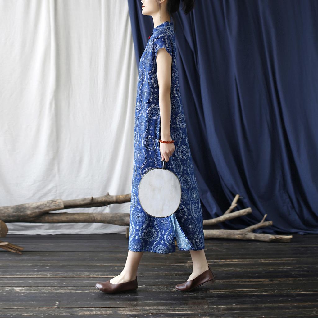 Johnature Vintage Print Floral Dress Stand Short Sleeve Chinese Summer Blue A-Line Button Dress