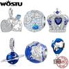 WOSTU 925 Silve Blue Crystal Heart Lock Pendant Crown Charm Earth World Beads Fit Original Bracelet Women DIY Gift