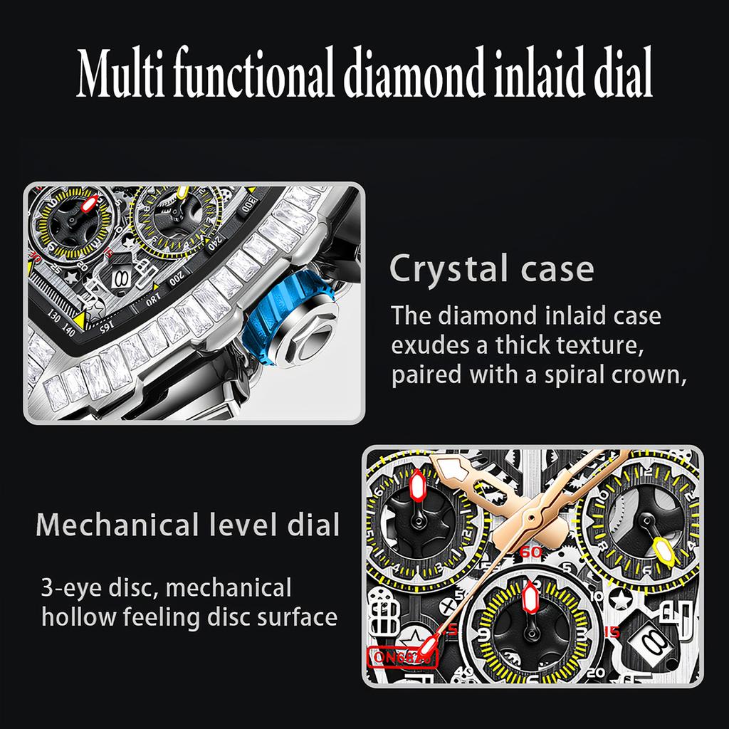 Men's Fashion Full Diamond Automatic Luminous Mechanical Watch Multi Functional Three Eye Calendar Dial Sports Watch