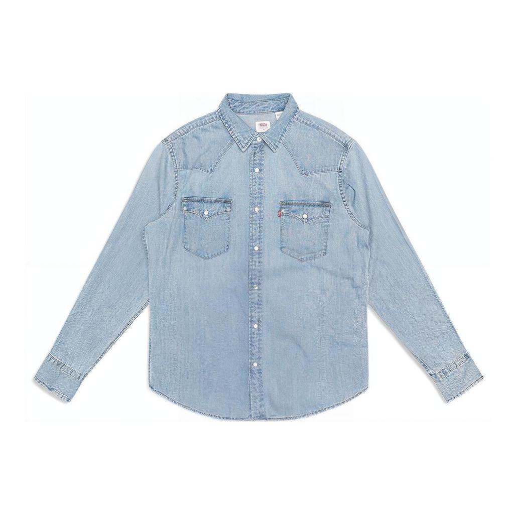 Levis SS22 Water Washed Solid Color Spliced Logo Long Sleeve Shirt Men shirts Blue 85745-0003