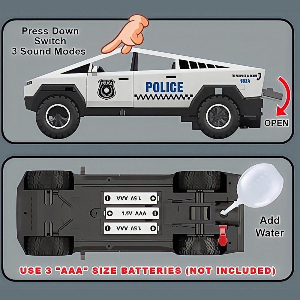 Tesla Cybertruck Large Toy Police Car with Sound, Light, and Spray Simulation
