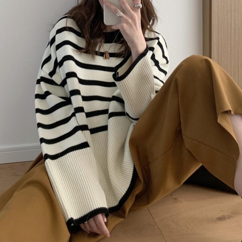 Korean Fashion Striped Knitted Pullover Sweater Women Autumn and Winter New Casual Simple Retro Loose Outside Wearing Long Sleeve Loose Crew Neck Tops