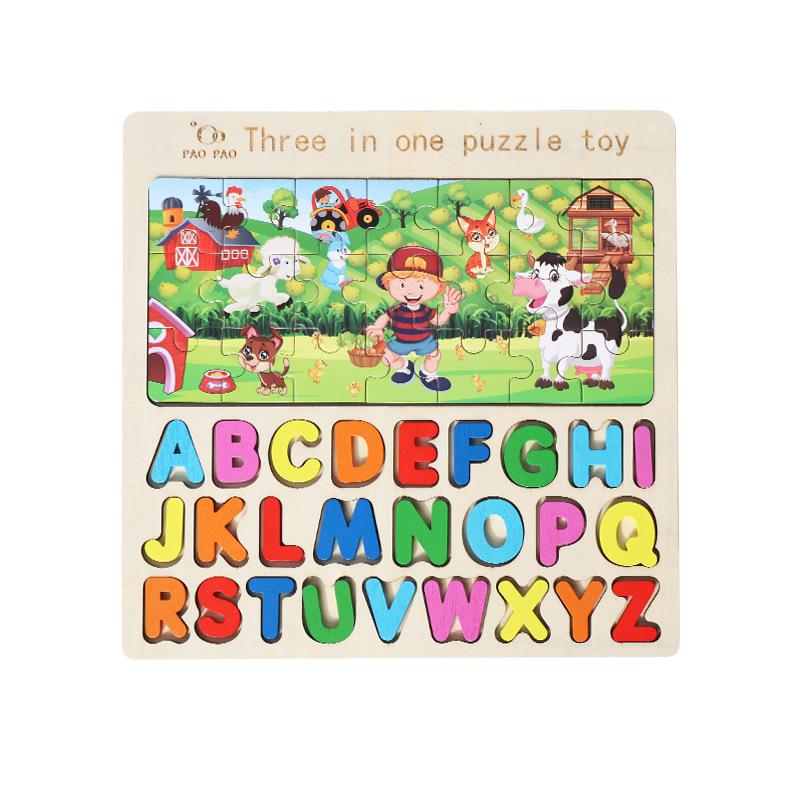 Wooden Children's Puzzle Tetris Tangram Game Chess Three-in-one Puzzle Building Block Early Education Toy Building Block