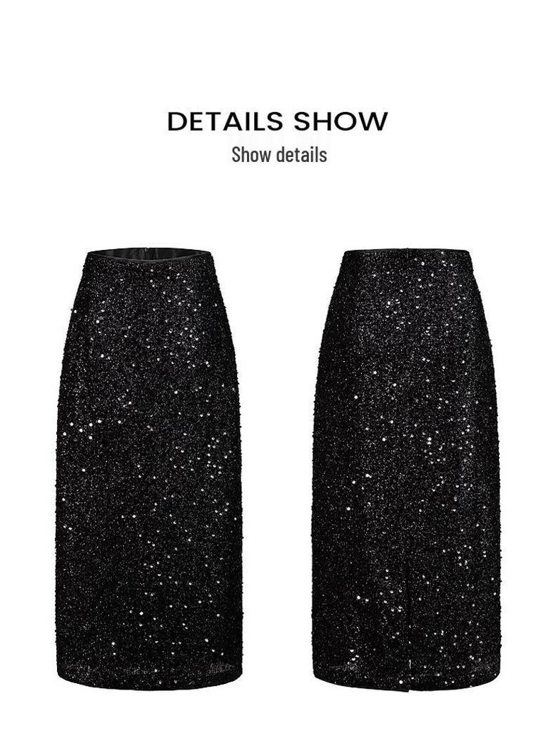 Velvet Sequin A-line Black Skirt - Women's 2025 Autumn/Winter Collection