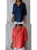 2026 Women's European & American V-neck Cotton Linen Button-up Loose T-shirt