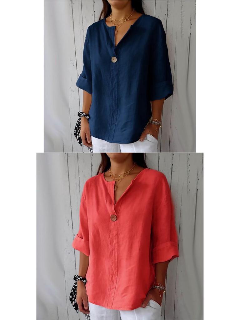 2026 Women's European & American V-neck Cotton Linen Button-up Loose T-shirt