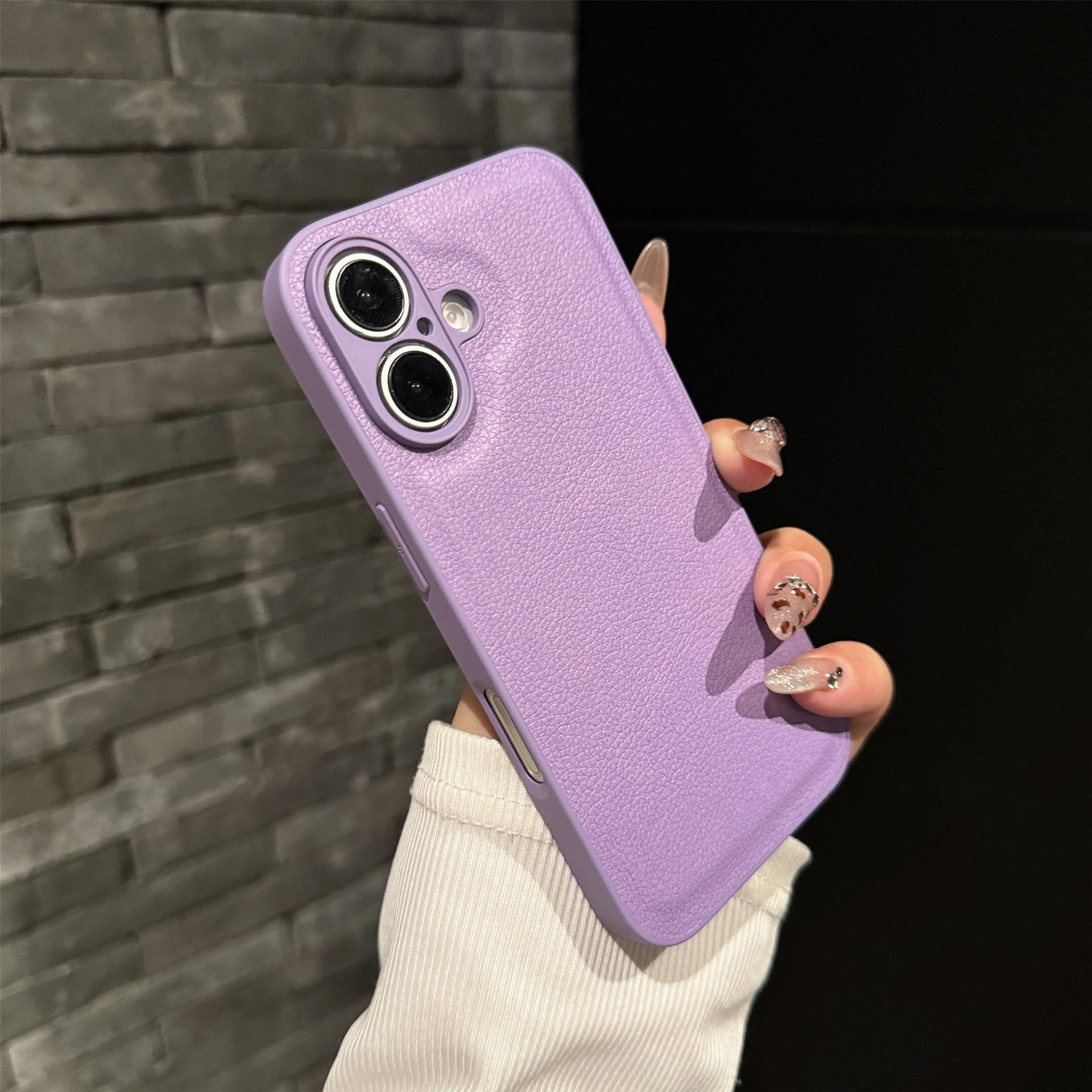 

Узор личи Подходит для чехла для мобильного телефона Iphone16ProMax Apple 15 Однотонный Простой Кожаный 14 Защитный чехол iPhone16 фиолетовый