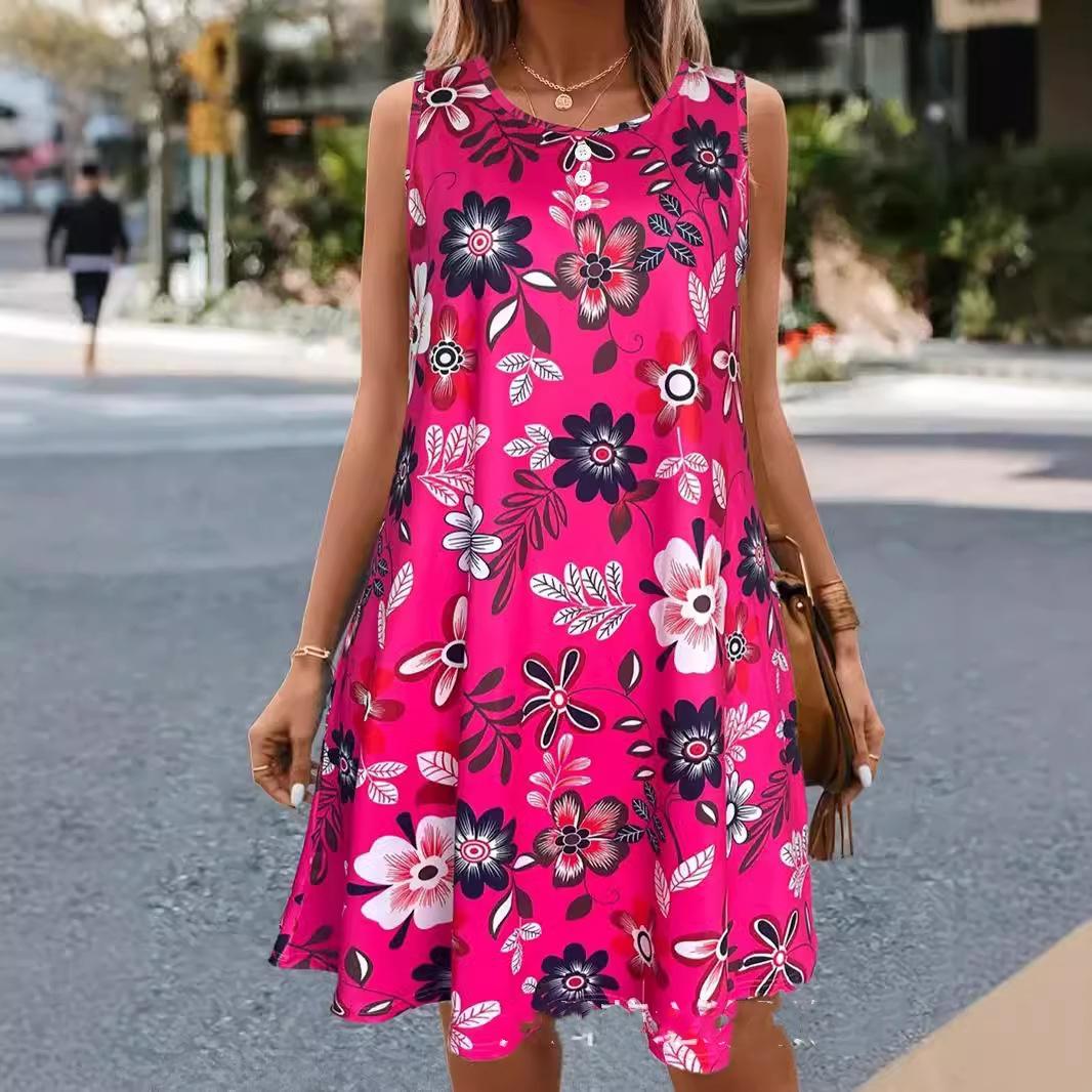 

GMXIA Женское летнее платье-топ с круглым вырезом и цветочным принтом, без рукавов, средней длины XXL красный