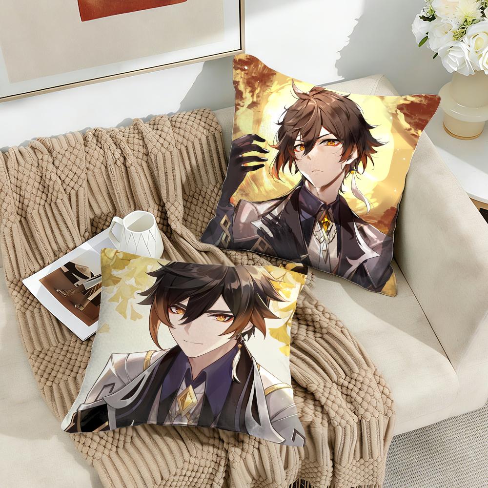 Zhongli Genshin Impact Cute Cushion Cover Silky Short Plush Invisible Zipper Dustproof Sofa Pillow Case For Home Decor