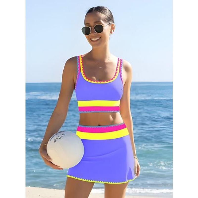 Women High Waist Color Block Three Piece Split Bikini Cover Up Vacation Swimwear
