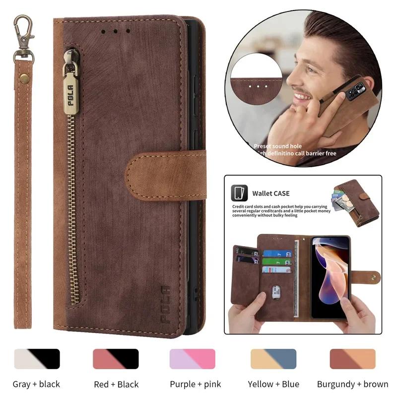 Lanyard Leather Zipper Wallet Card Phone Case For Xiaomi RedMi 14C 13C Note 14 Pro Plus 13 12 12S 11 11S 10S 9 Flip Stand Cover