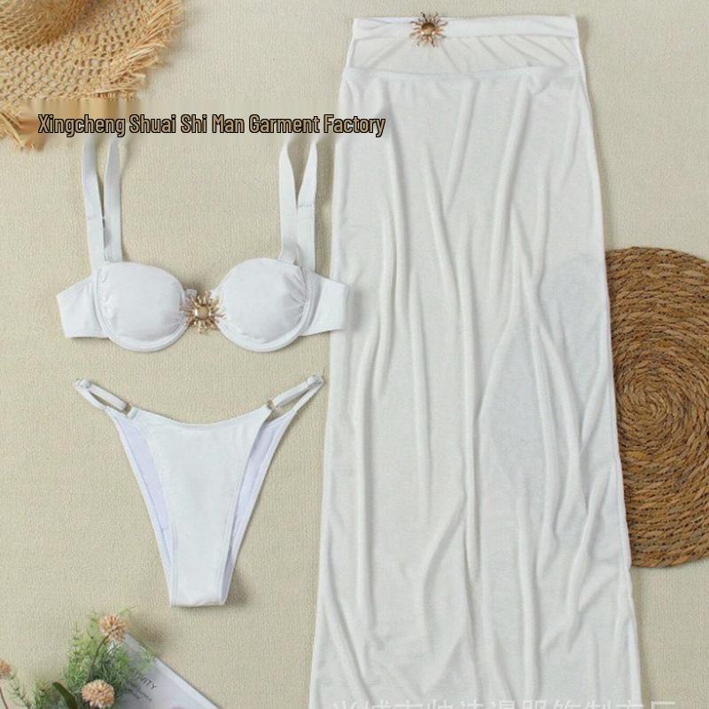 

Новое сексуальное бикини-бандаж из трех частей: Европейский и американский купальник для похудения однотонный с раздельной пляжной юбкой Medium белый