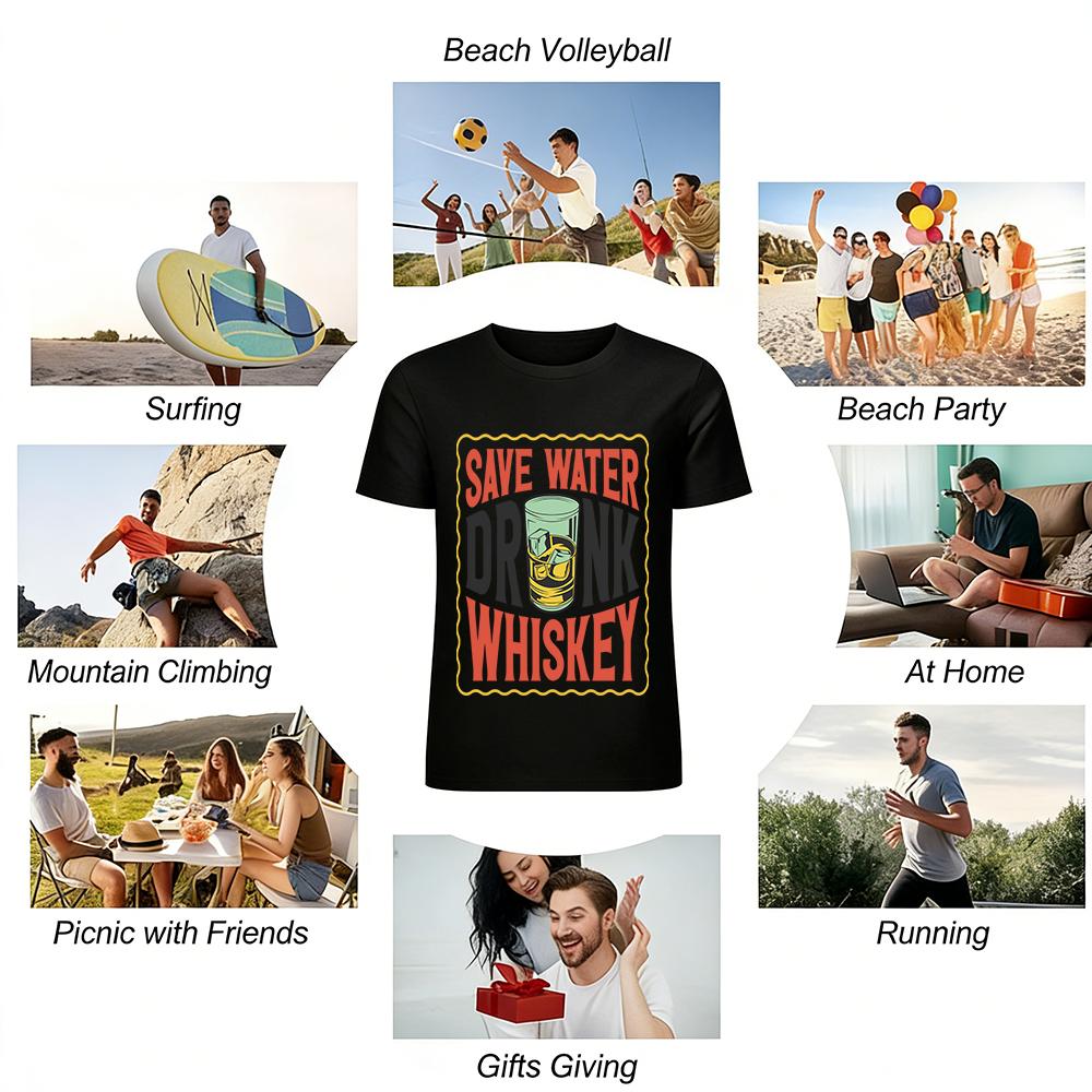 Save Water Drink Whiskey Print Casual Tee For Whiskey Lovers Pure cotton T-shirt