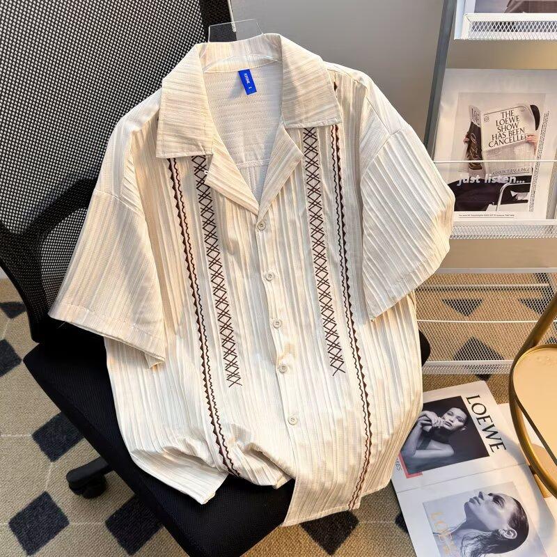 Niche color matching shirt summer splicing beige retro short-sleeved shirt Trendy Cuban Collar Embroidered Shirt, Relaxed Oversized Short-sleeve Shirt M абрикосовый