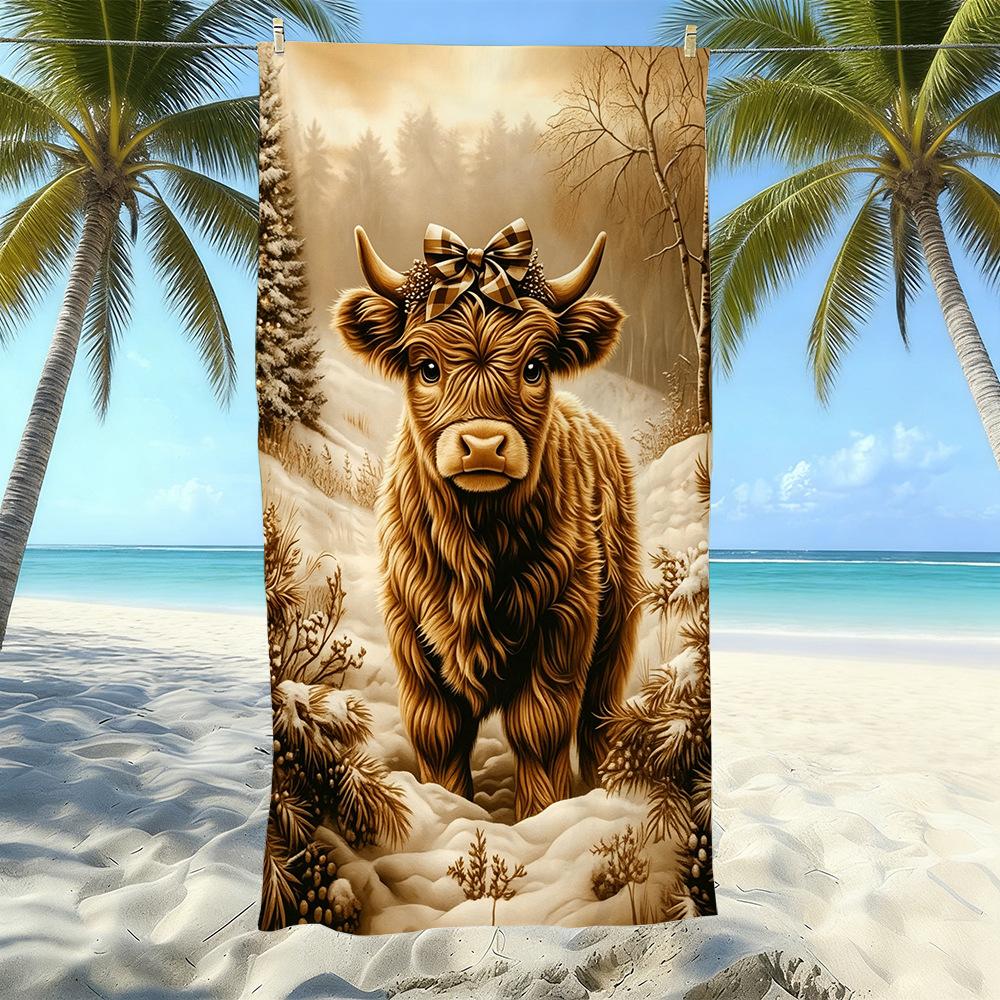 Europäisches und Amerikanisches Retro Hochlandrind Druck Strandtuch Mikrofaser Verdickt Wasseraufnahme Schnelltrocknend Outdoor Badetuch
