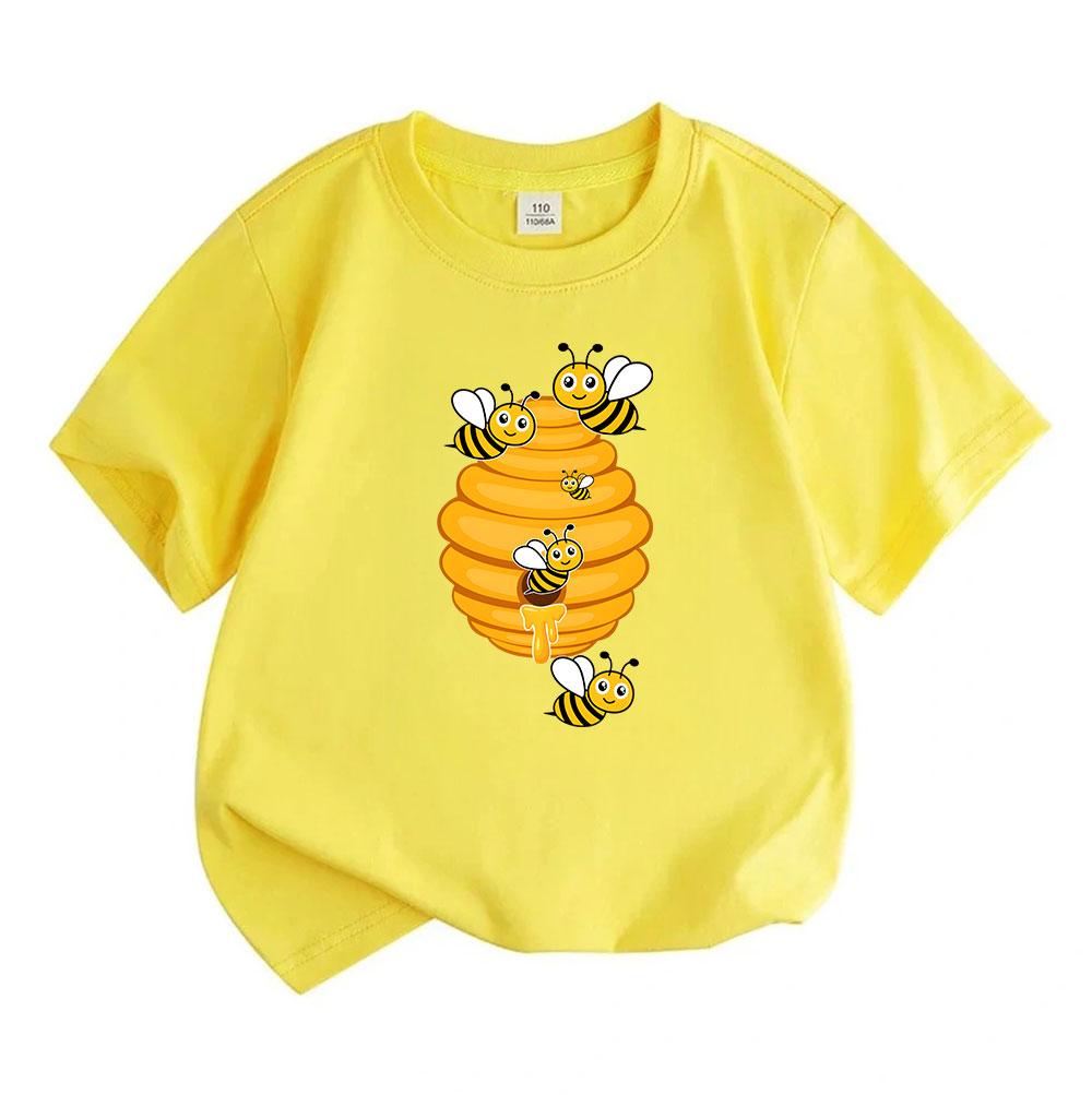 Kids Boys Girls Crew Neck Short Sleeve 100% Cotton T-Shirt, Cute Cartoon Bees Honeycomb Print Casual Soft Breathable Top For Daily Wear Summer Activit