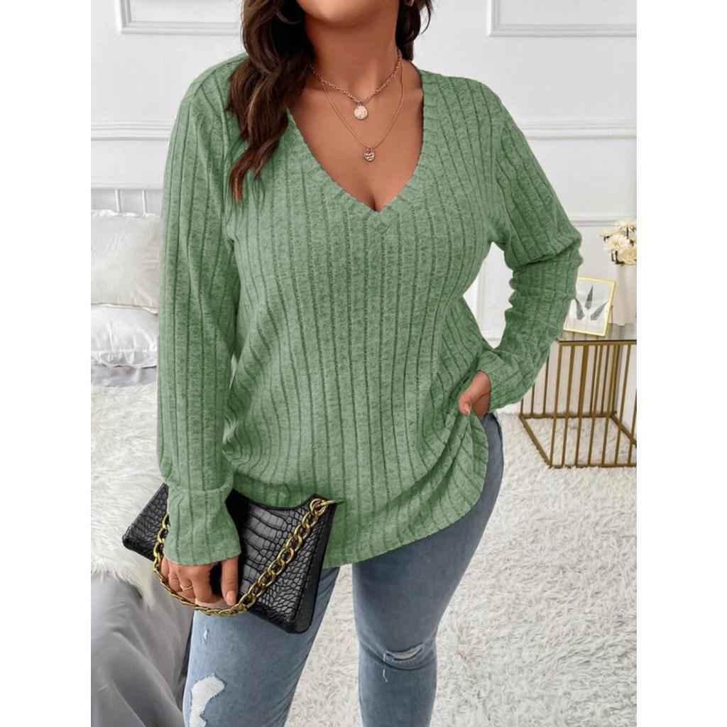Top informal de punto acanalado vertical de manga larga con cuello en V para mujer, holgado, talla grande