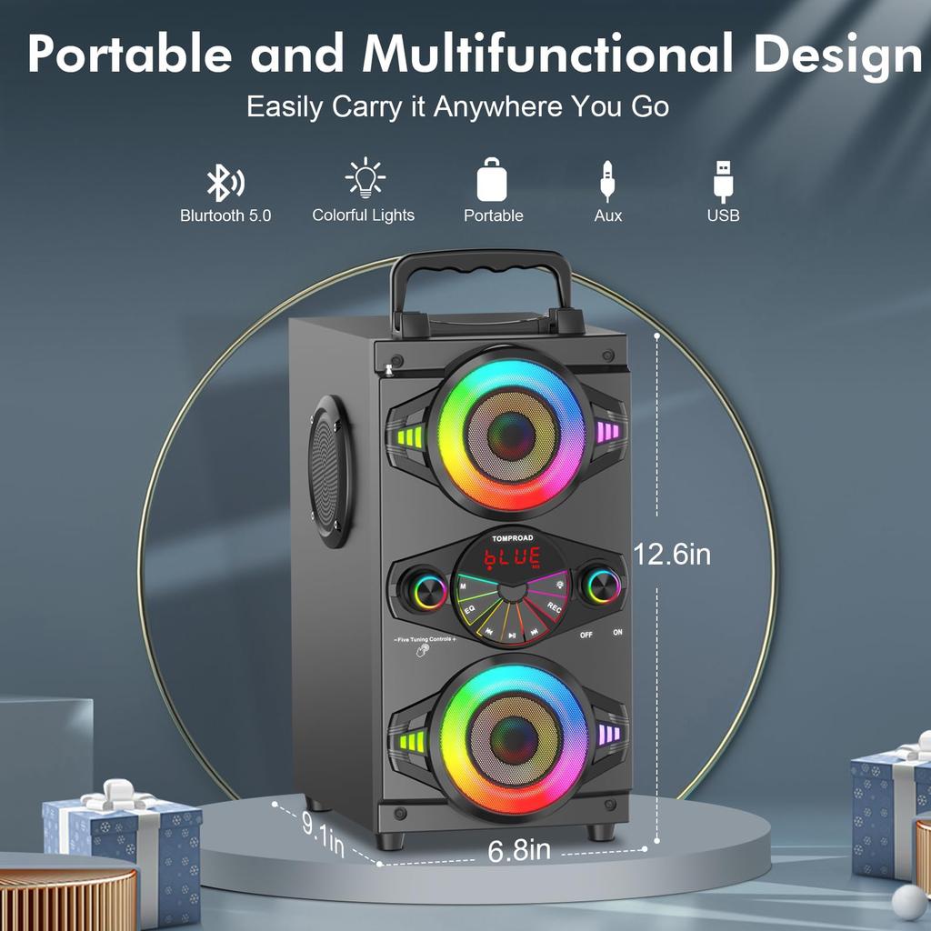 Portable Bluetooth Speakers 60W Big Powerful Wireless Loud Stereo Bass Sound Boombox Home Party Speaker with Subwoofer, FM Radio, LED Colorful Lights