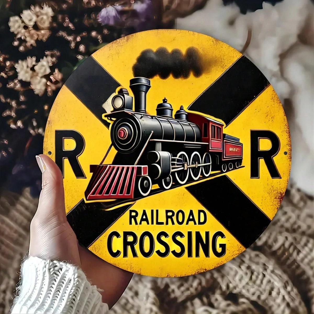 

Vintage Metal Poster Wall Art Retro Train Railroad Crossing Sign for Bar
