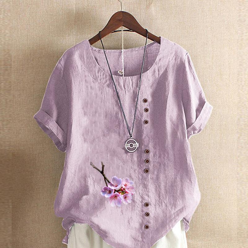 Women's Fashion Flowers Prined Short Sleeve T-shirt Loose Cotton Shirt Casual Loose Summer Blouse Tops