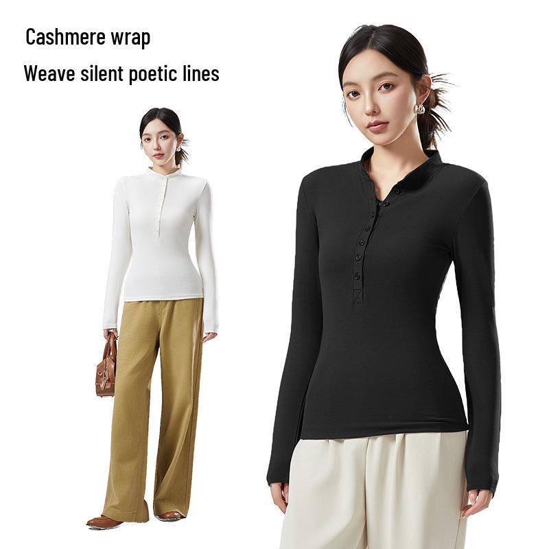 Autumn & Winter Women's Antibacterial Slimming V-neck Stand Collar Long Sleeve Thermal Top