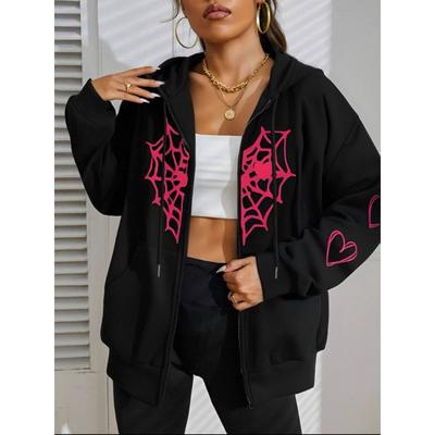 Spider Web & Heart Printing Zipper Hoodie Women Autumn Warm Hoody Fleece Street Clothing Casual Oversized Sportswears Female
