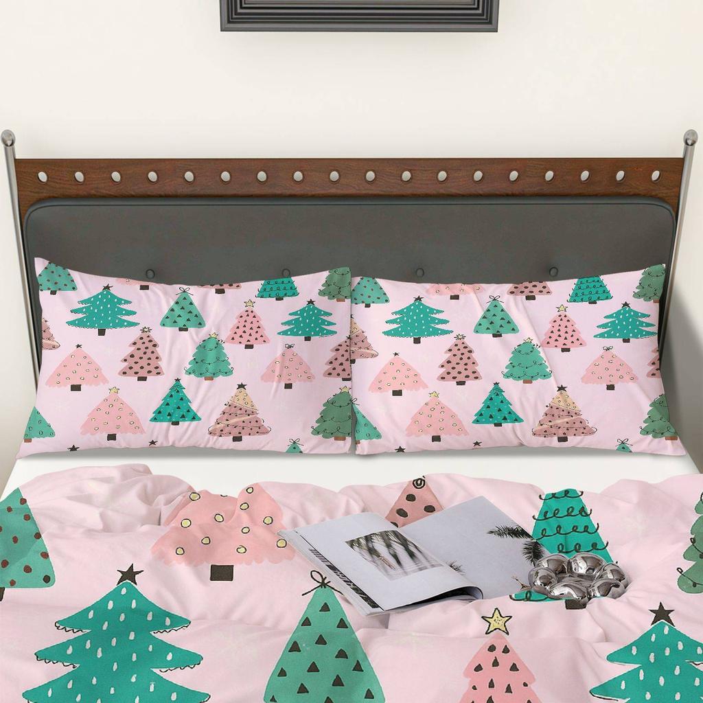 3pcs Christmas Tree & Star Duvet Cover Set - Pink Green Polka Dot Bedding with Zipper Closure Soft Polyester All-Season Bedding
