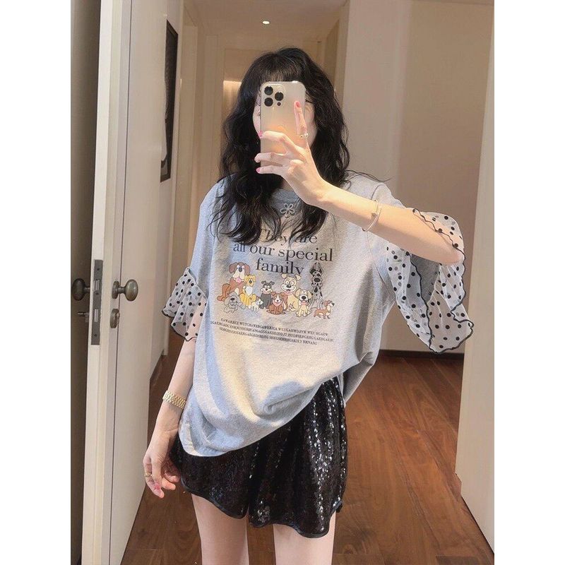 

Plus Size South Korea Plus Size Ladies Print Polka Dot Mesh Sleeves Cartoon Gray M