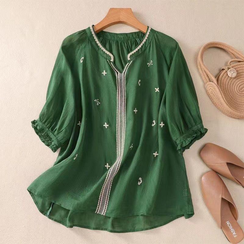 

Вышитая рубашка из хлопка и льна в стиле ретро с V-образным вырезом и рукавами средней длины — повседневная, облегающая и омолаживающая 3XL 150-170 jin