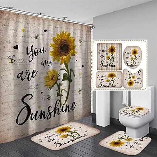 Five Sunflowers Bathroom 4 Piece Set Shower Curtain Bath Mat Curtain Toilet Lid Mat Toilet Pedal