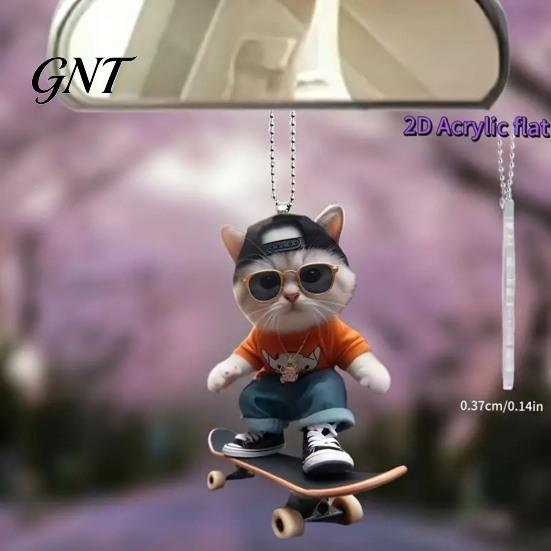 Lightweight Scratch Resistant Pendant Skateboard Cat Car Hanging Ornament, 2D Flat Acrylic Rearview Cute Vehicle Mirror Hanger Decor, Trendy Skate for