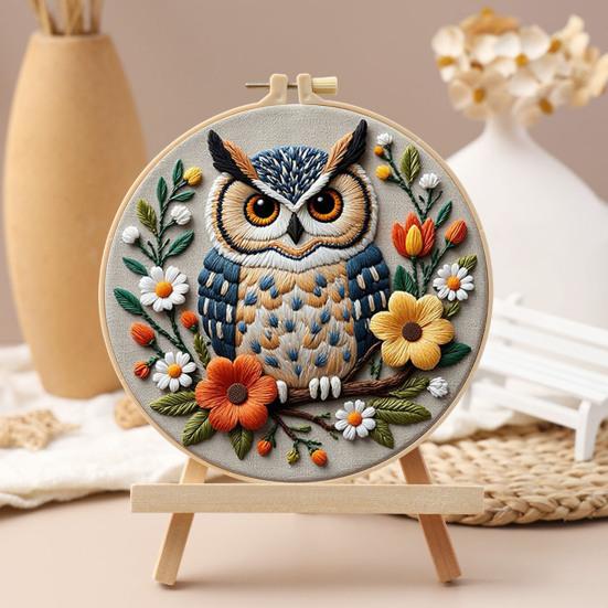 1 Set Owl Embroidery Kit with Hoop Threads Needles Beginners Pre-Stamped Bird Cross Stitch
