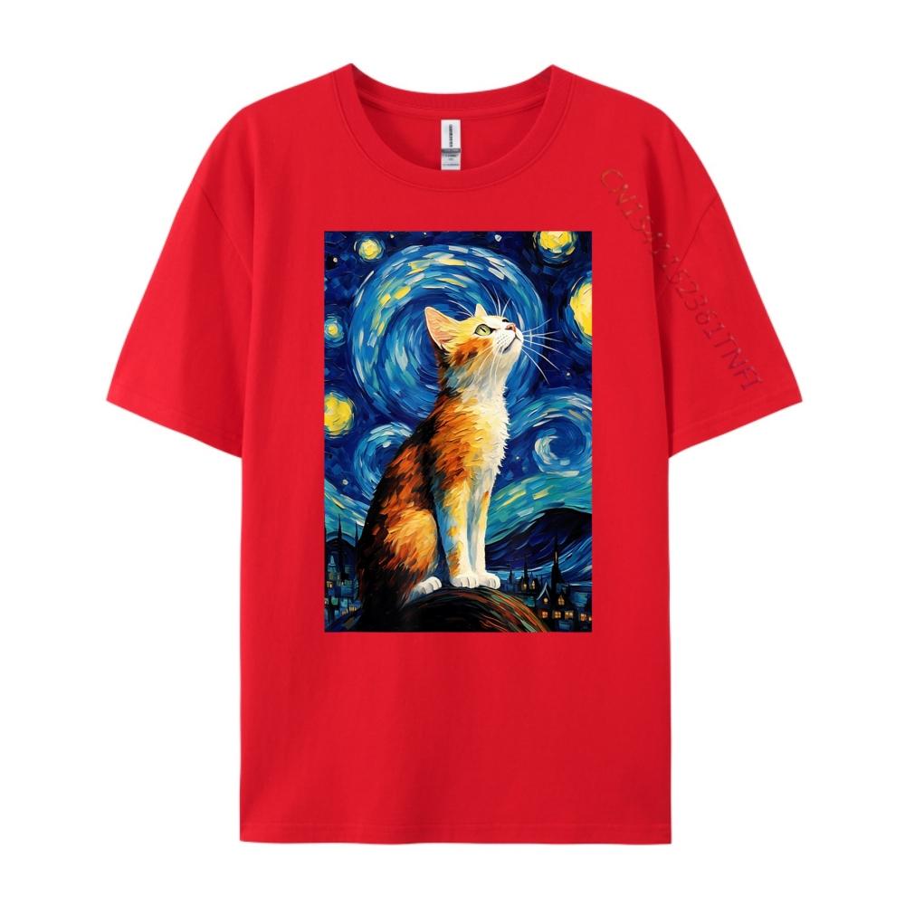

Cute Cat Van Gogh Style Starry Night Vintage T Shirts Mens Shirts T Shirt Letter Graphic Cotton Short Sleeve S
