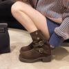 Retro Suede Western Cowboy Boots Women's Autumn and Winter Medium Tube Thick Heel Two Wear Lapel Short Boots Women's Belt Buckle Martin Boots