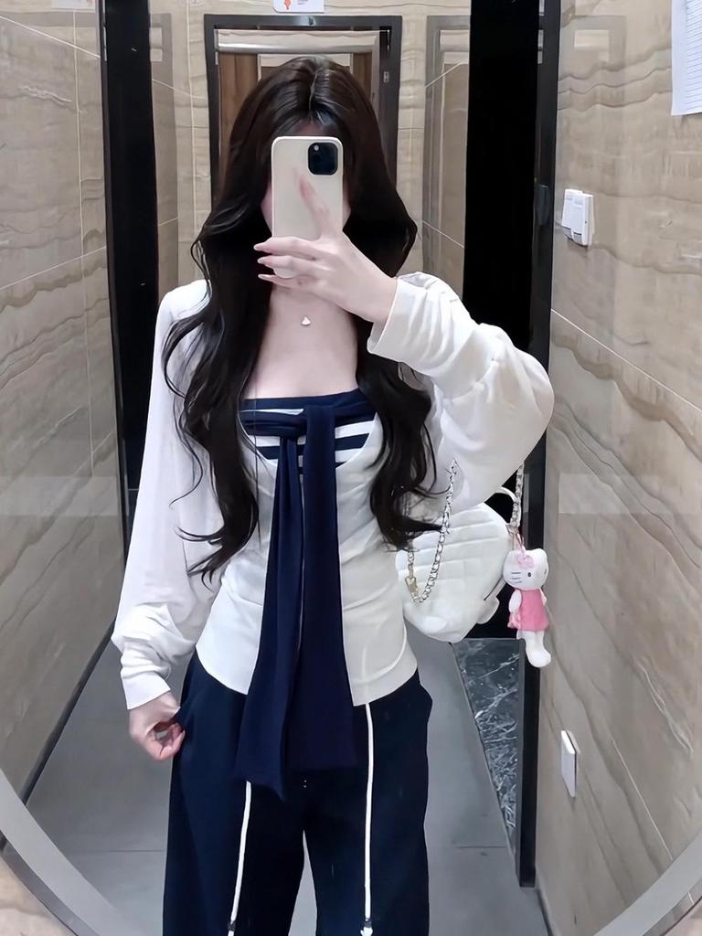 Koreanischer Stil Frühherbst Zweiteiler: Schnür-Trägerloses Top & Langärmeliges Cover-Up