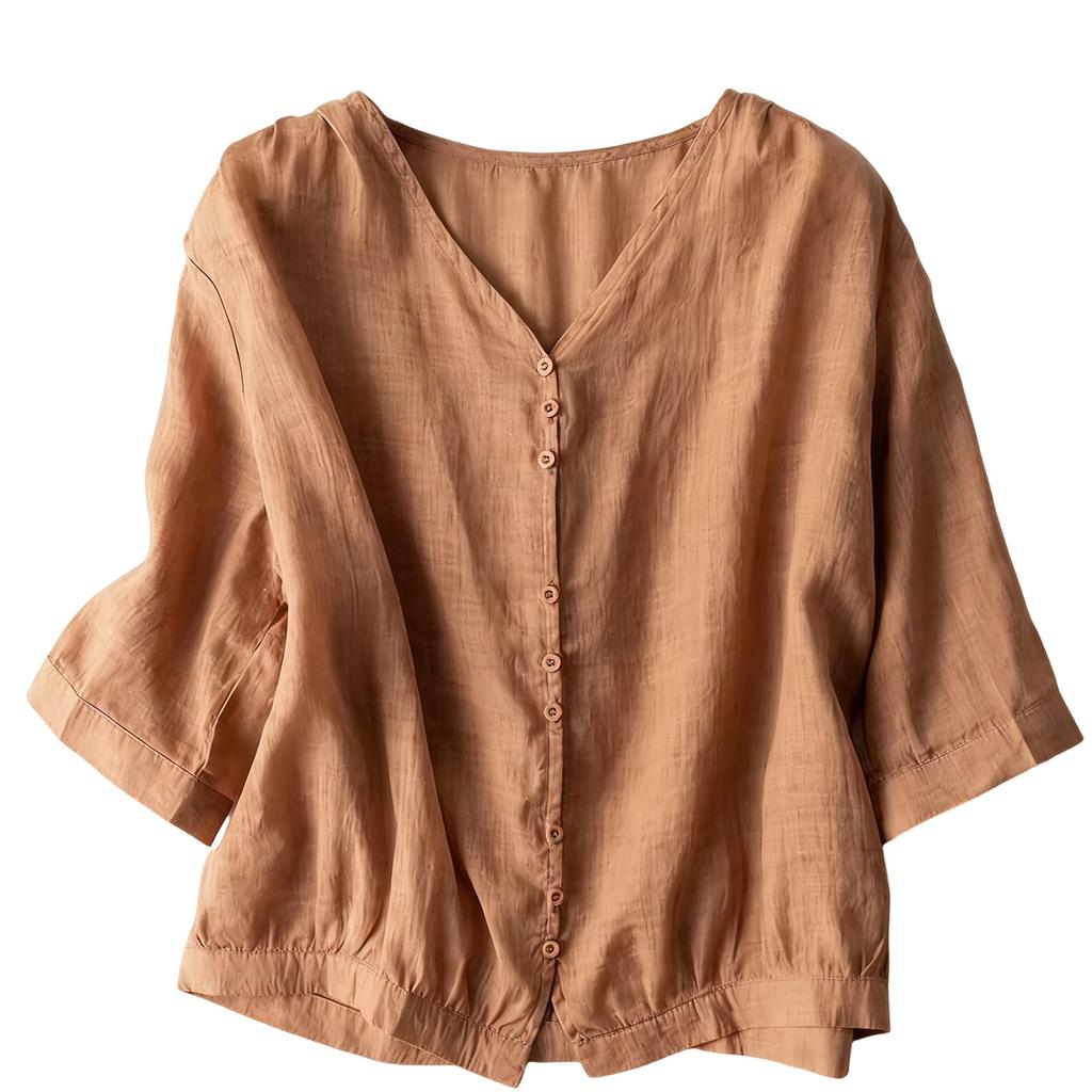 Leichte Retro-Bluse für Damen mit V-Ausschnitt, locker, aus Leinen-Baumwolle, mit Knöpfen