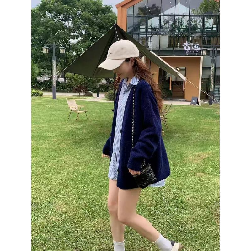 Lazy Wind Loose V-neck Knitted Cardigan Autumn and Winter Solid Color Versatile Cardigan Age-reducing Soft Sweater Jacket Women