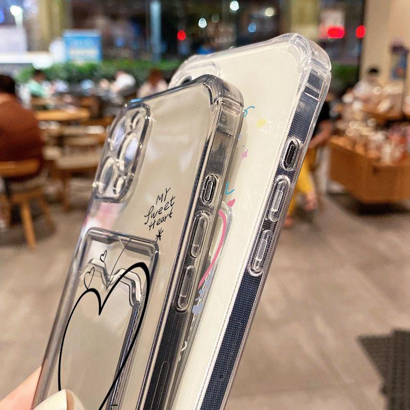Card Bag Holder Clear Case For iPhone 16 15 14 13 12 11 Pro Max With Love Heart Pattern Cover For iPhone XS Max XR 7 8 Plus Case