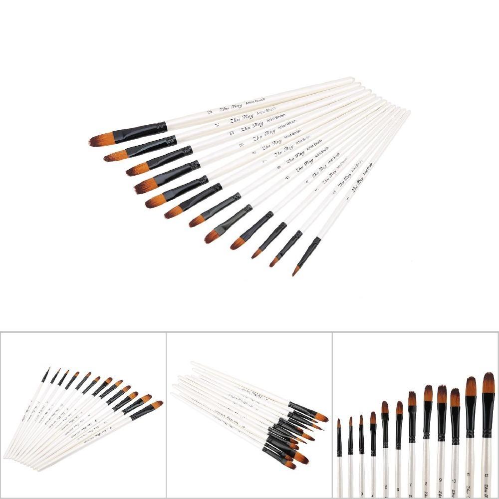 12PCS Pearl White Handles Art Paint Brush Set Tongue Tip & Angle Tip Firm Fastening Nylon Fiber Brushes Soft Nylon Fiber