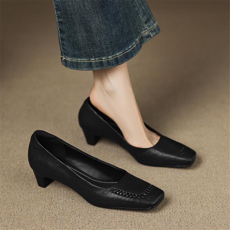 Fashion New Spring/autumn Genuine Leather Women Shoes Square Toe Shoes for Women Fashion Concise Shoes Mid Heels Handmade Women Pumps