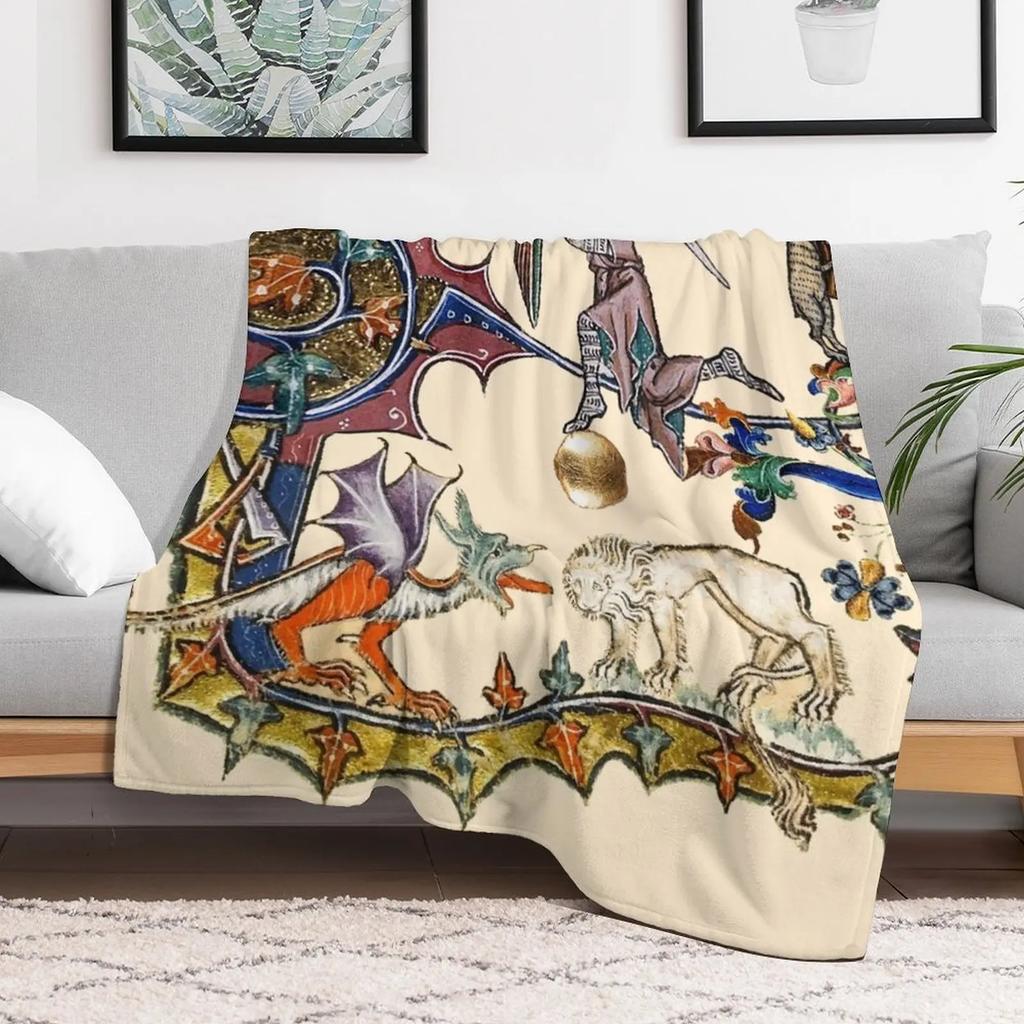 WEIRD BESTIARYMEDIEVAL KNIGHT FIGHTING SNAILDRAGON AND LION by Bulgan Lumini Throw Blanket Bed blanket king size