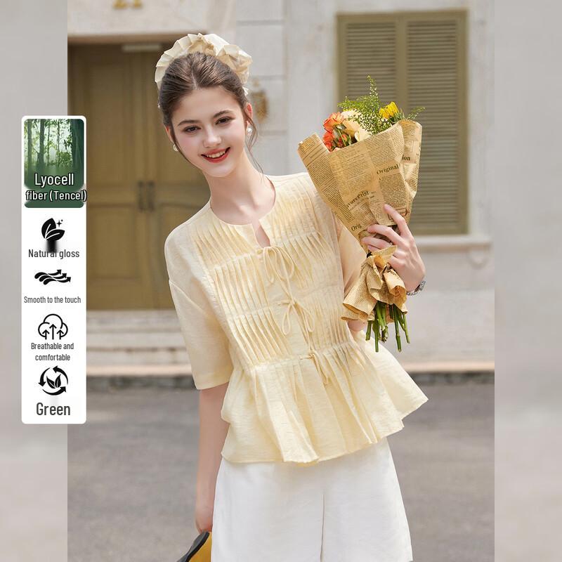 Bailuyu Tencel Blend French Pleated Tie Blouse S
