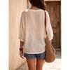 Women V Neck 3/4 Sleeve Linen Cotton Blouse Loose Casual Solid Color Summer Tops