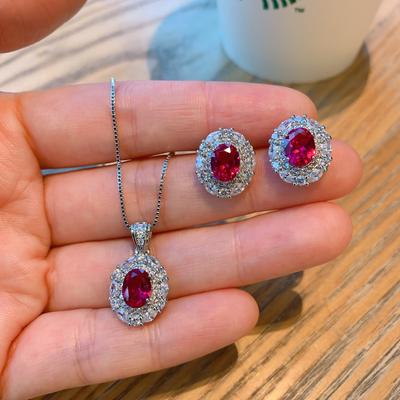 Huamei Schmuck Pigeon Blood Ruby Halskette Übertrieben Farbe Schatz S925 Silber Nadel Ohrringe Bankett Schmuck Set