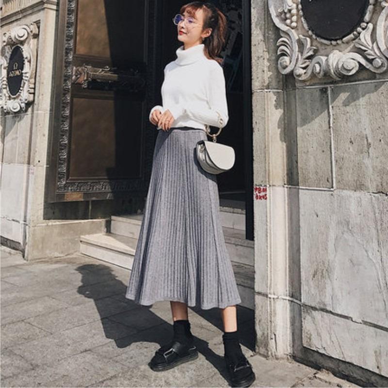 Autumn and Winter New Korean Version Pleated Skirt Half Skirt High Waisted Knitted Skirt Mid Length