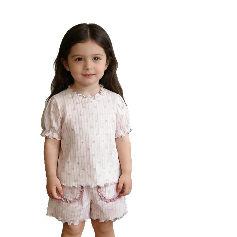 Summer 2026 New Arrival: Baby Girl Lace Pajama Set - Solid Color, Sweet Home Wear