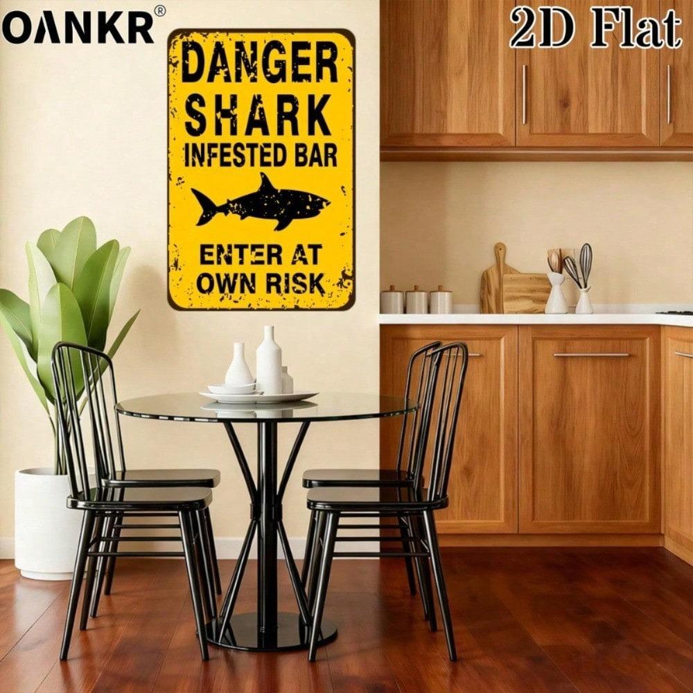 Vintage Shark Warning Metal Tin Sign, Retro Enter At Own Risk Plaque, Farmhouse Bar Wall Decor