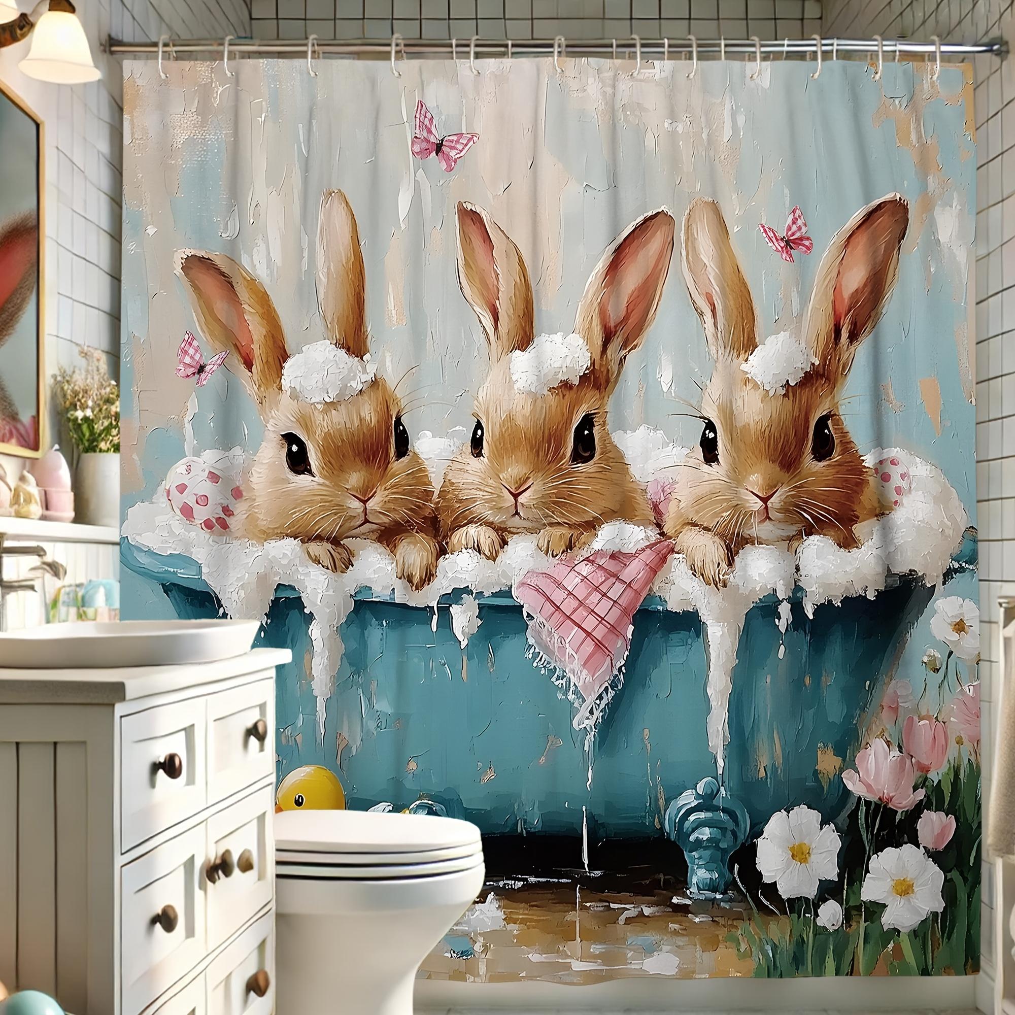 1pc Shower Curtain - Adorable Bunnies in a Tub with Butterflies and Flowers Waterproof W90XH180cm
