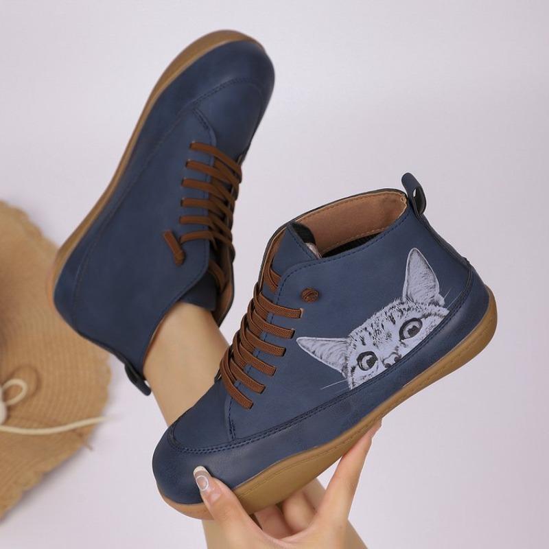Botas Femininas Plus Size Estampa de Gato Cano Curto Salto Baixo Cadarço Moda Confortáveis Todas as Estações Primavera Outono